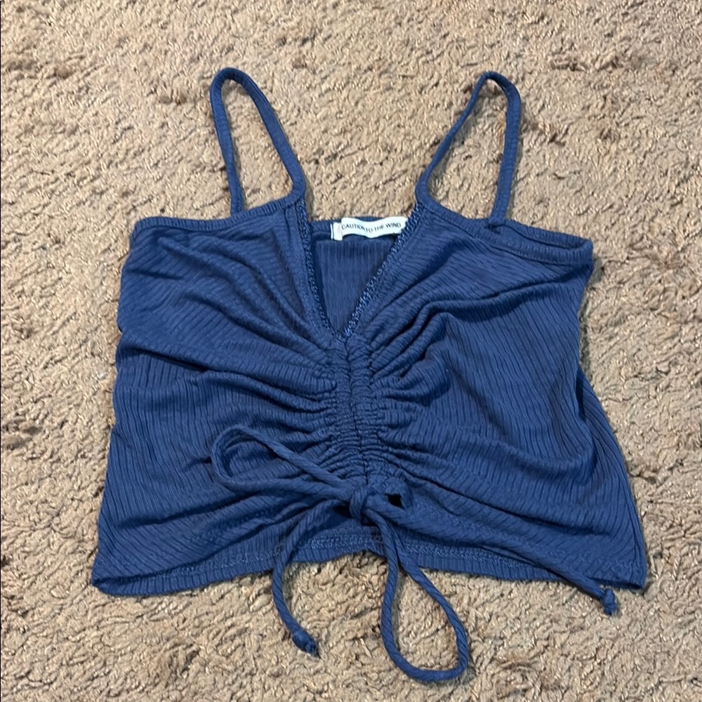 Caution To The Wind Blue Ruched Sleeveless Crop Top